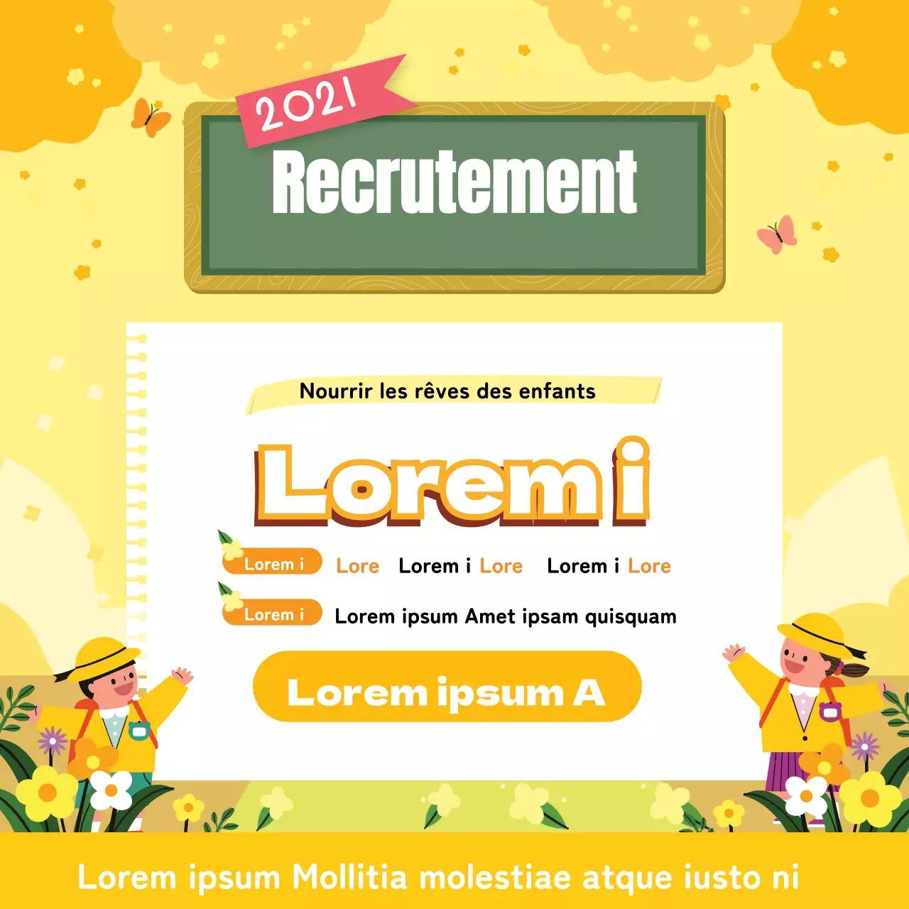 Illustration jaune mignonne recrutement préscolaire promotion de l'école maternelle