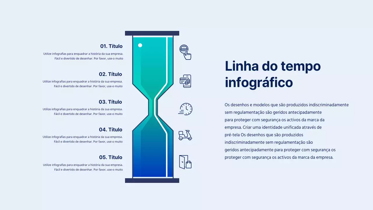 Infográfico de ampulheta com uma linha cronológica azul e azul claro