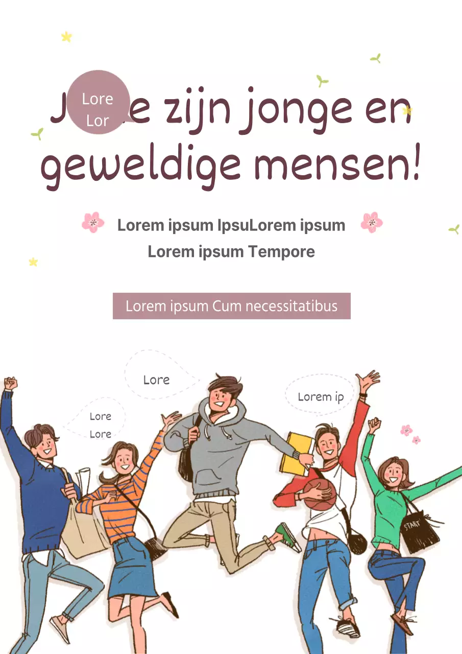 Sollicitatiejubel van een docent met roze bloemen en illustraties van studenten