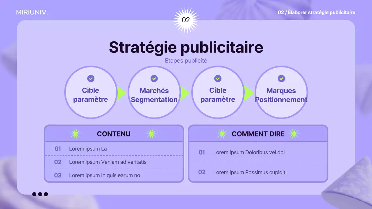 Utiliser des éléments 3D sur un fond mauve pour créer une impression d'espace afin d'informer la stratégie publicitaire.