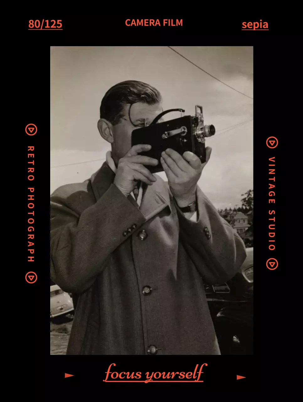 Merchandise with vintage photos in a black and red film concept.