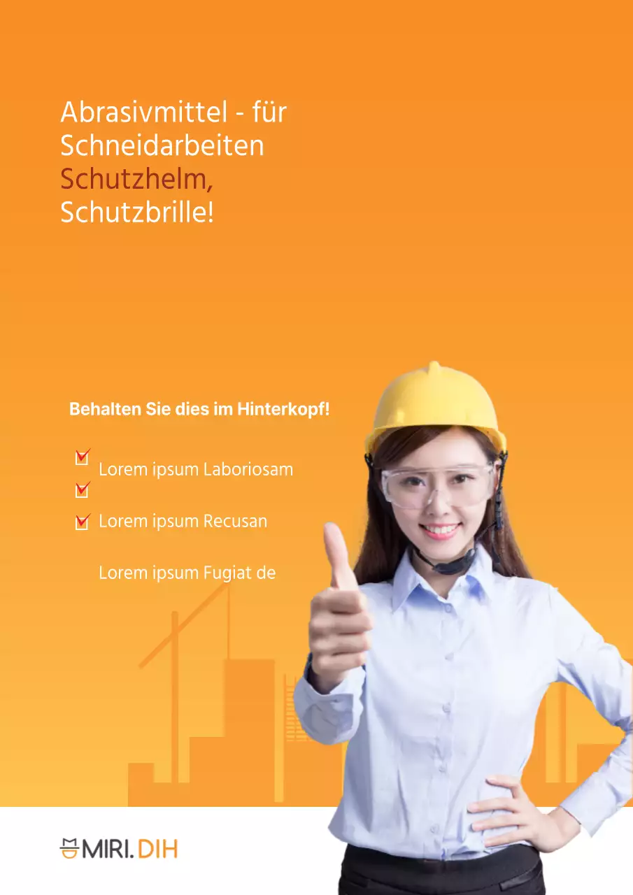Ein einfacher Sicherheitstipp für die Baustelle mit einem Bild einer Frau mit orangefarbenem Schutzhelm.
