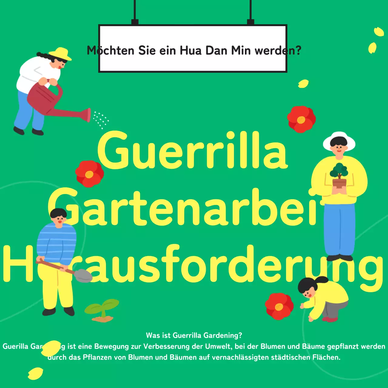 Guerilla Gardening Challenge mit einem niedlichen, grünen, illustrierten Konzept zur Verbesserung der Umwelt