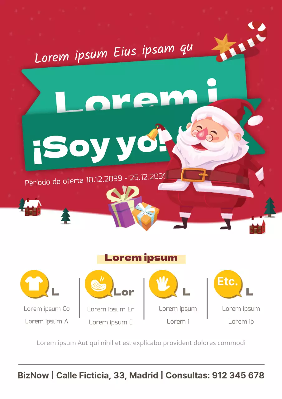 Promocione un evento navideño con una ilustración de Papá Noel en rojo y verde