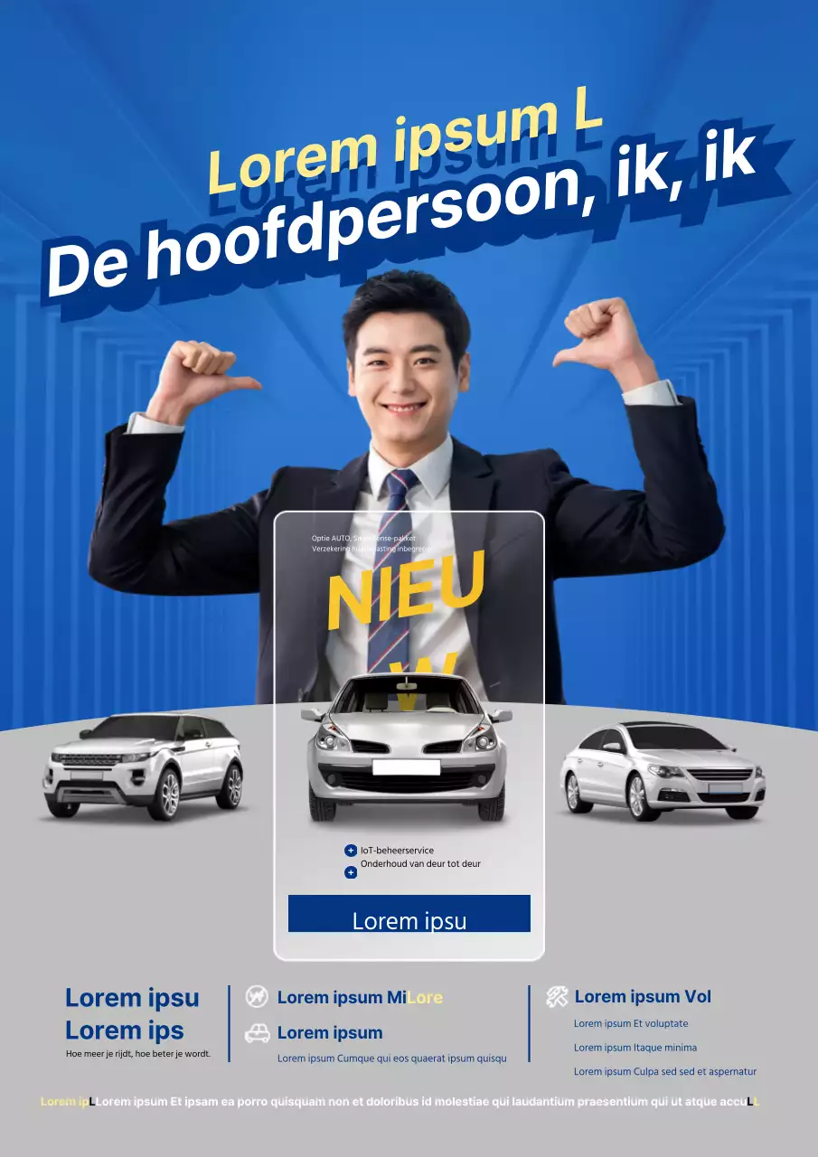Stijlvolle blauwe en grijze promotieflyer voor een autoverhuurbedrijf voor de lange termijn