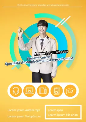 Promuovere una scuola di ammissione specializzata con foto di studenti e icone educative gialle e blu.