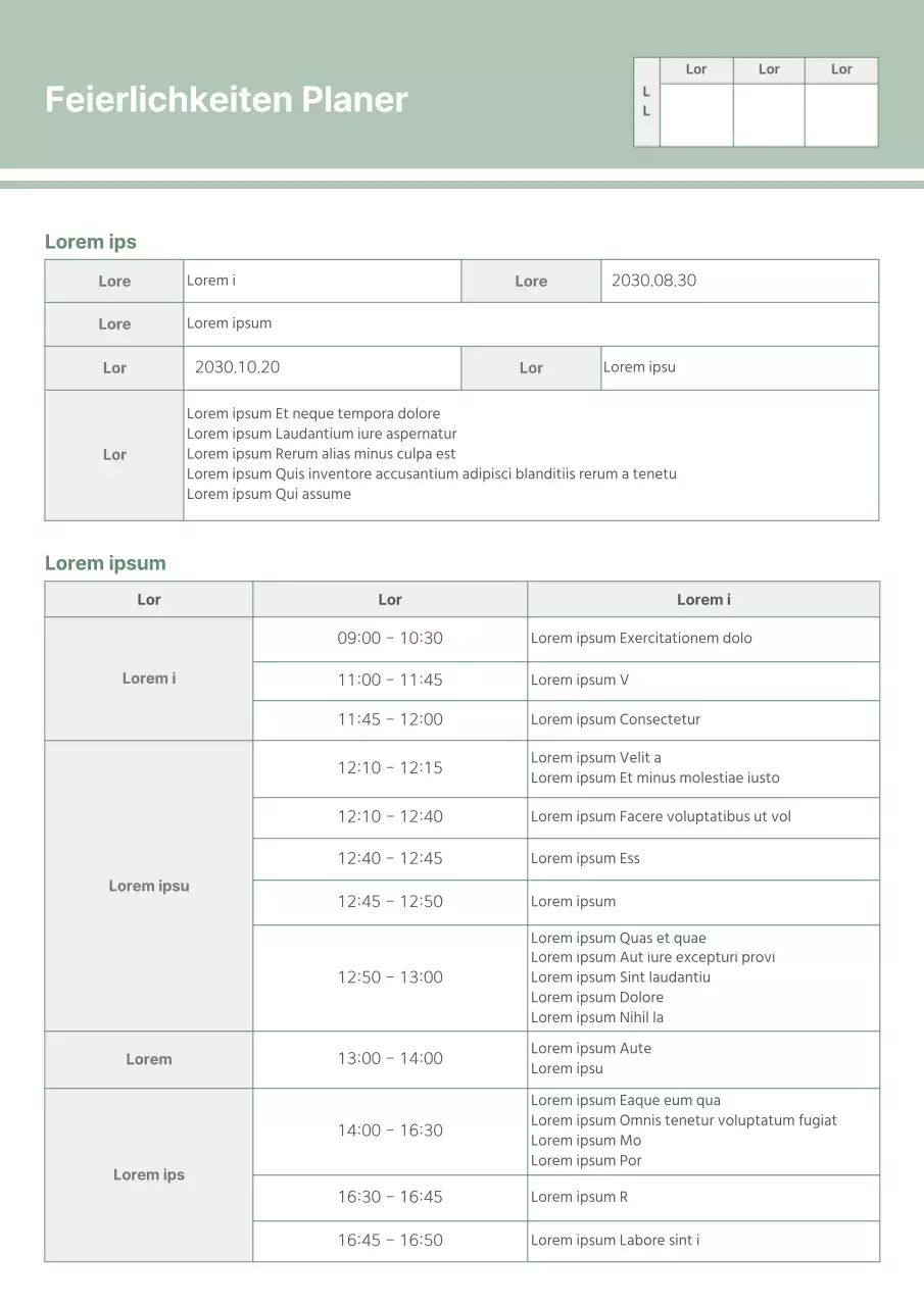 Ein grüner, sauberer, tabellarischer Festplaner