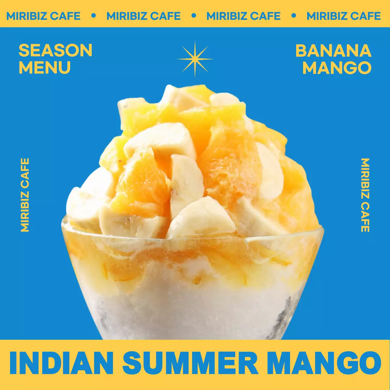 Memperkenalkan menu musim panas es serut mangga berwarna biru dan kuning