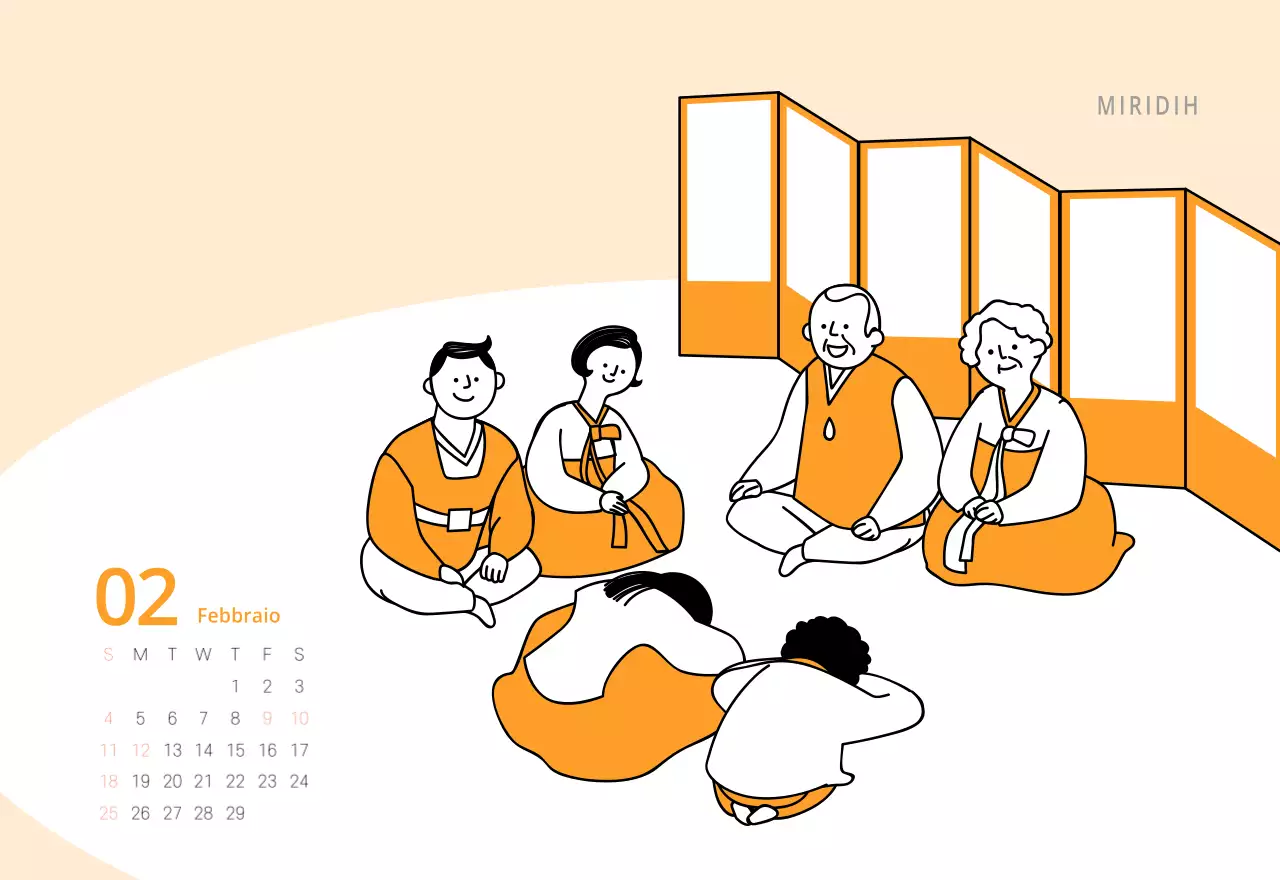 Simpatico calendario da tavolo illustrato verde a tema famiglia