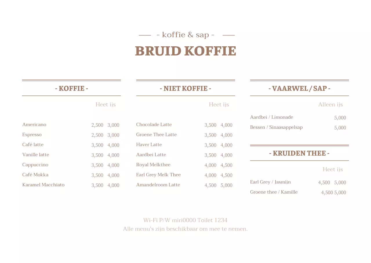 Een strak wit en bruin concept cafémenu met een prijslijst.