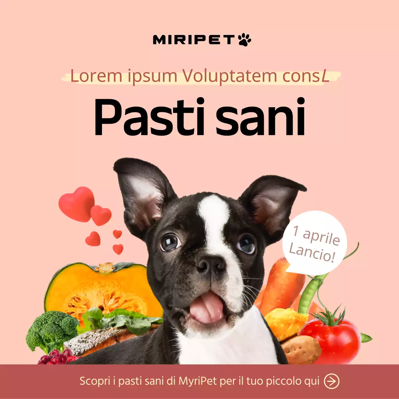 Promuovere il cibo per animali con foto di cani carini e ingredienti su sfondo rosa