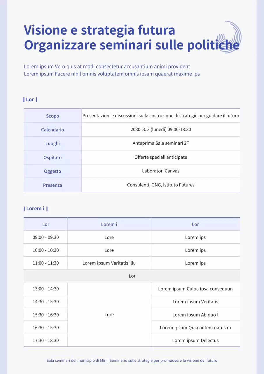 Un programma di seminario pulito e di colore blu