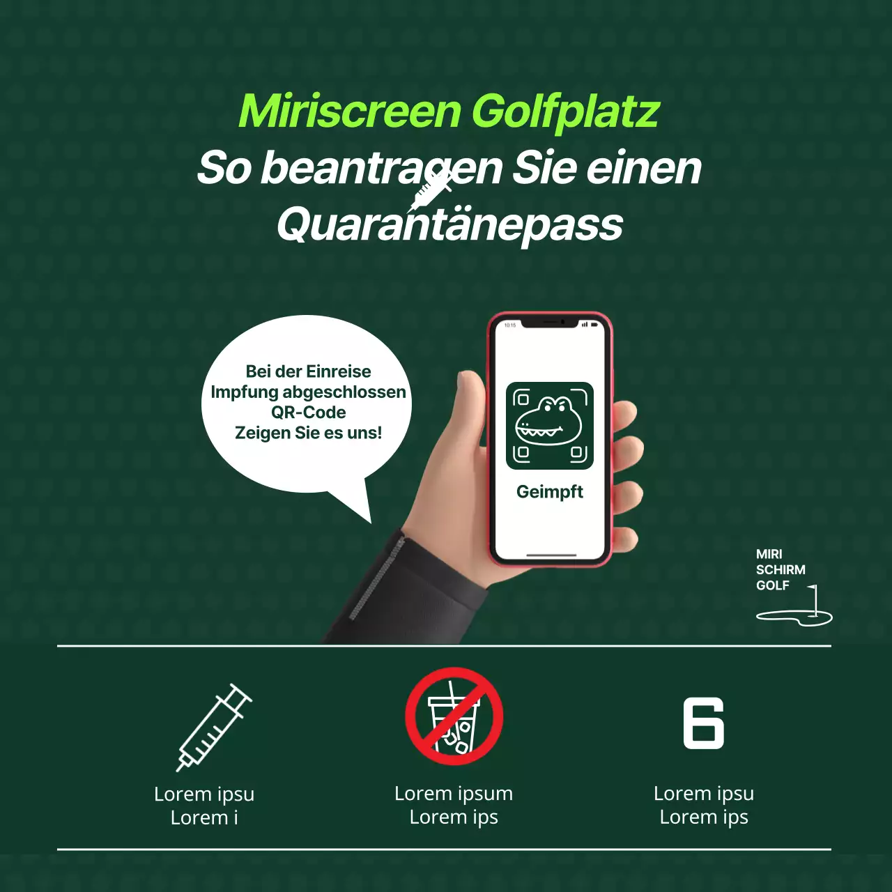 Ankündigung der Anwendung des Bildschirm-Golfplatz-Quarantänepasses mit einem beruhigenden grünen Illustrationskonzept