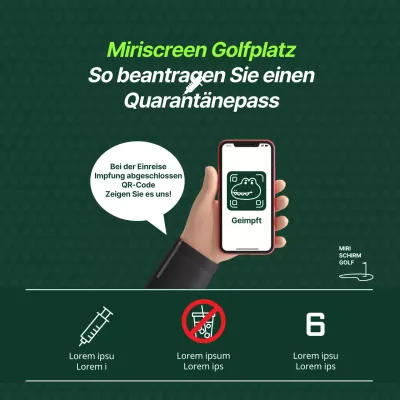 Ankündigung der Anwendung des Bildschirm-Golfplatz-Quarantänepasses mit einem beruhigenden grünen Illustrationskonzept