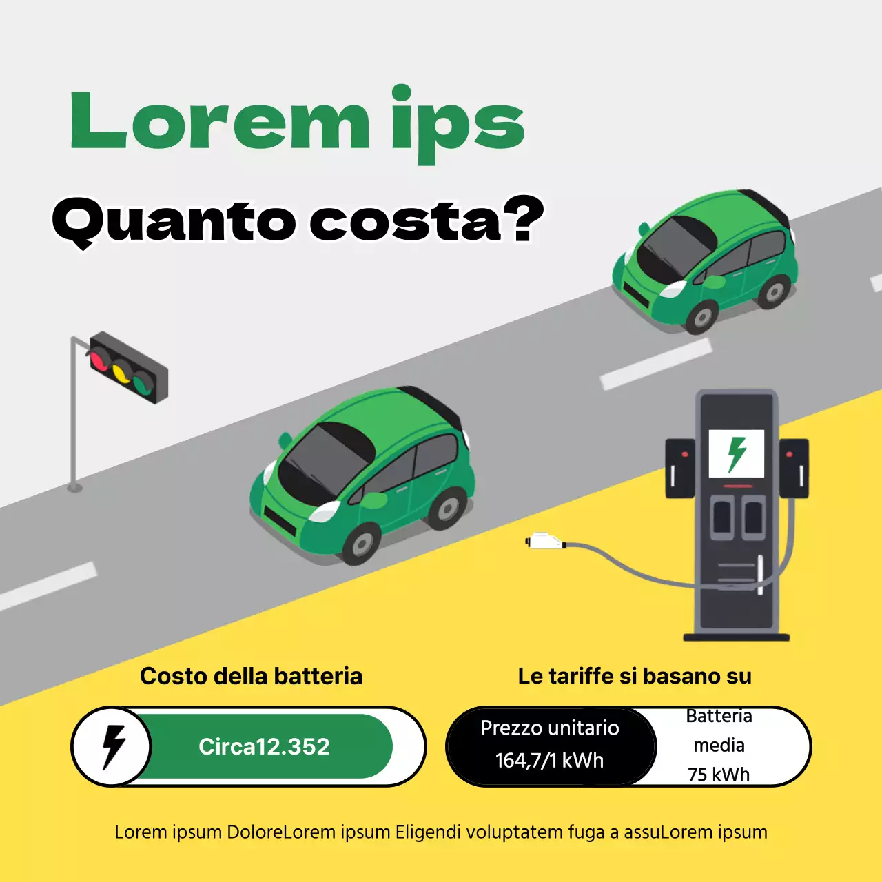 Quanto costa la ricarica di un'auto elettrica minimalista gialla e verde