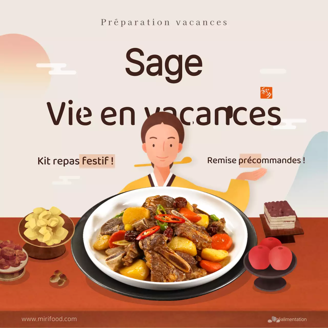 Promouvoir un concept de kit repas de vacances illustré orange et marron