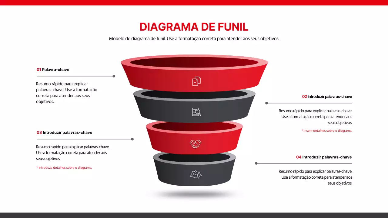 Gráfico de funil tridimensional a preto e vermelho