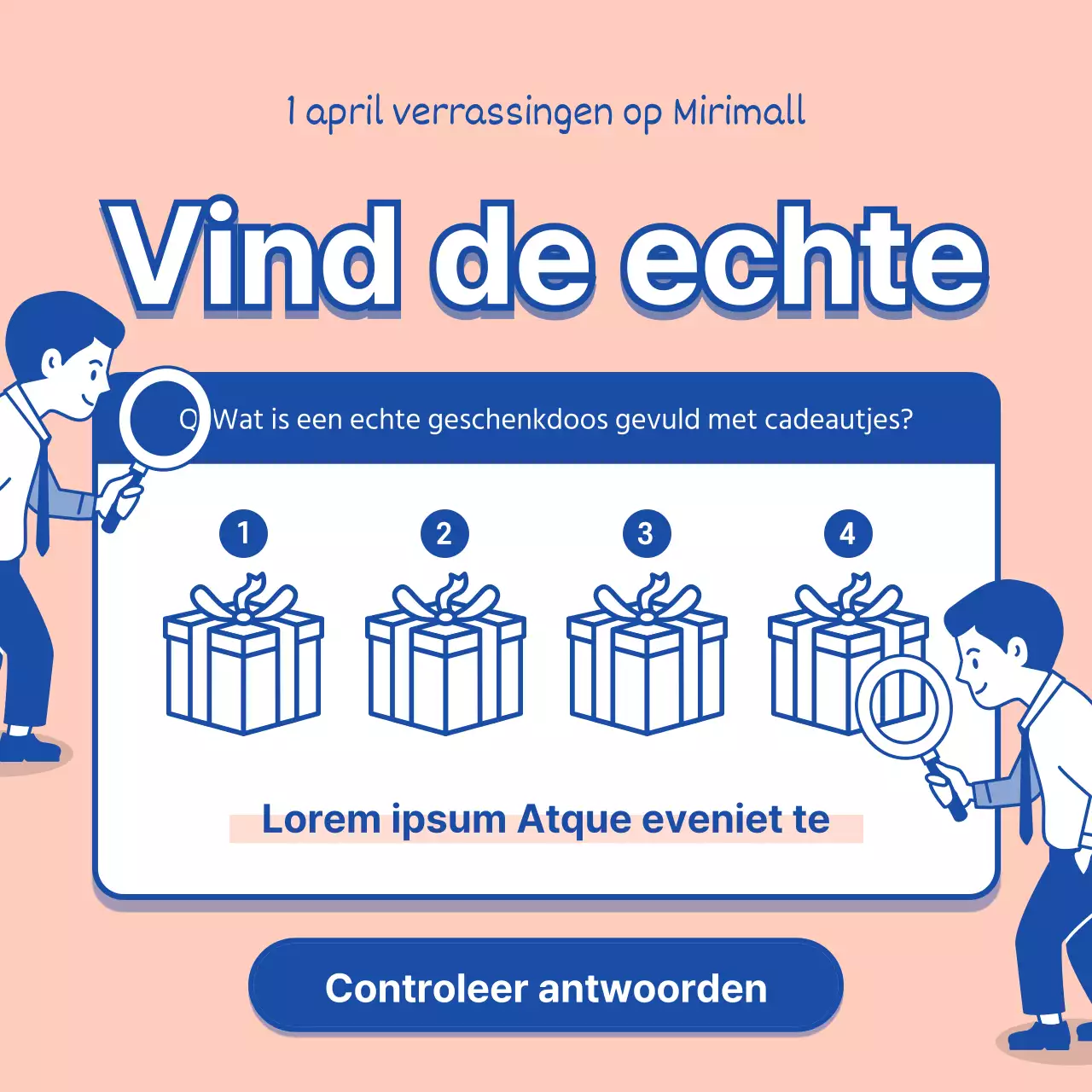 Een eenvoudige roze en blauwe trivia-advertentie voor 1 april