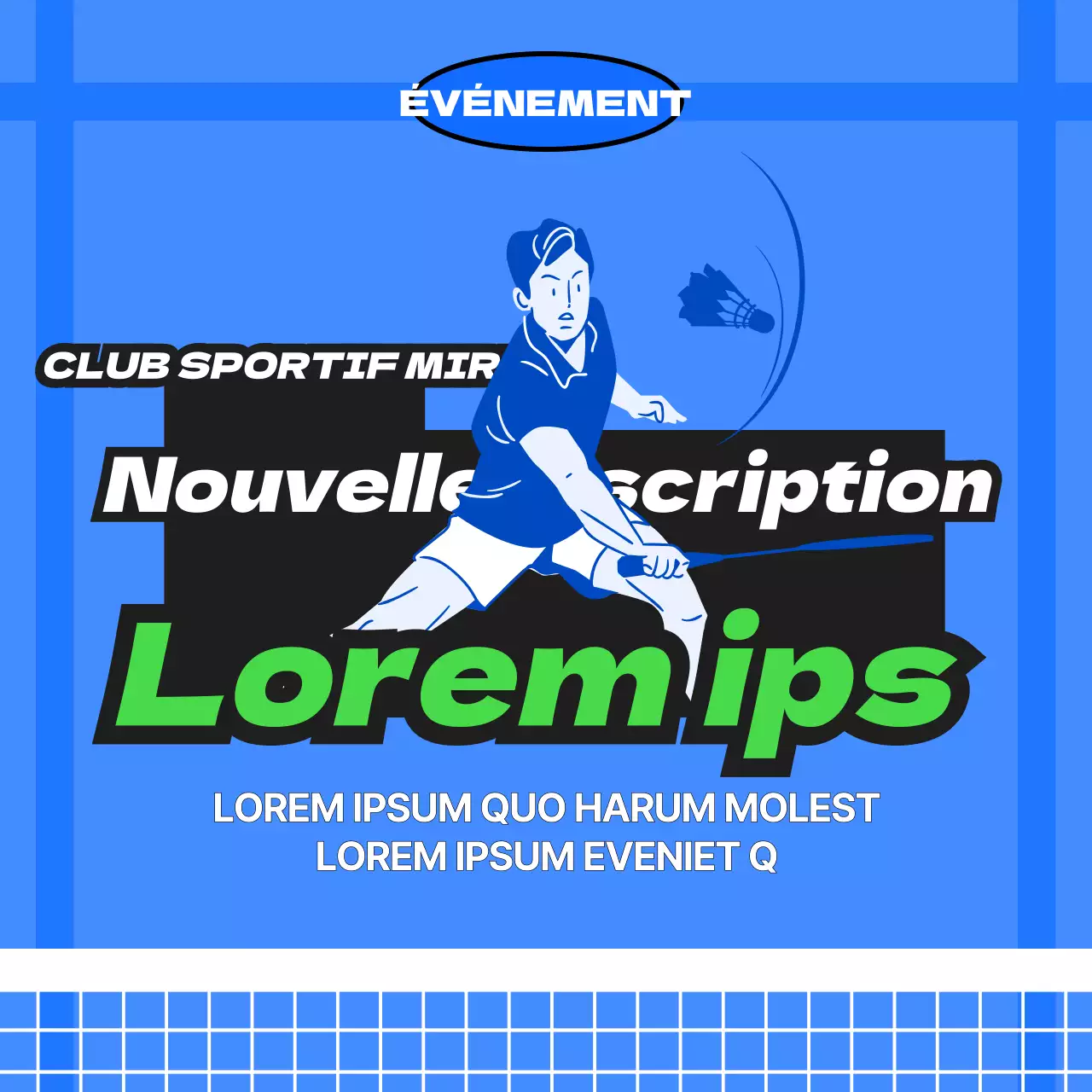 Recrutement de membres pour un club de sport avec un concept de terrain de badminton bleu