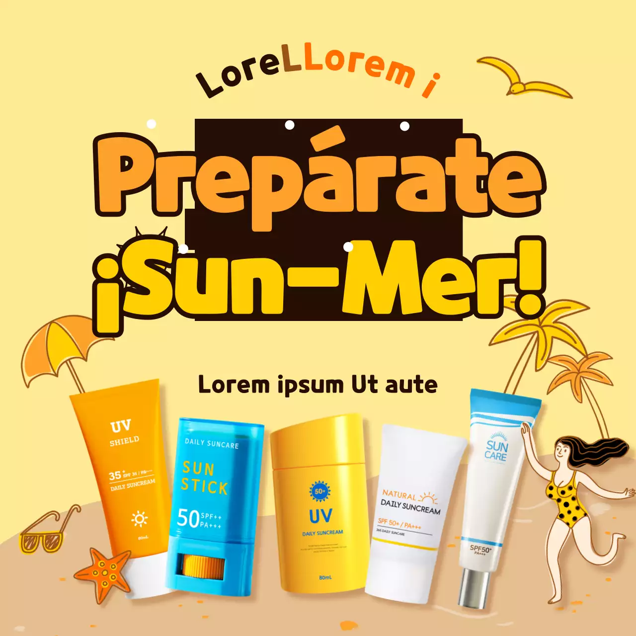 Amarillo Concepto ilustrado Protector solar Ofertas de verano Redes sociales