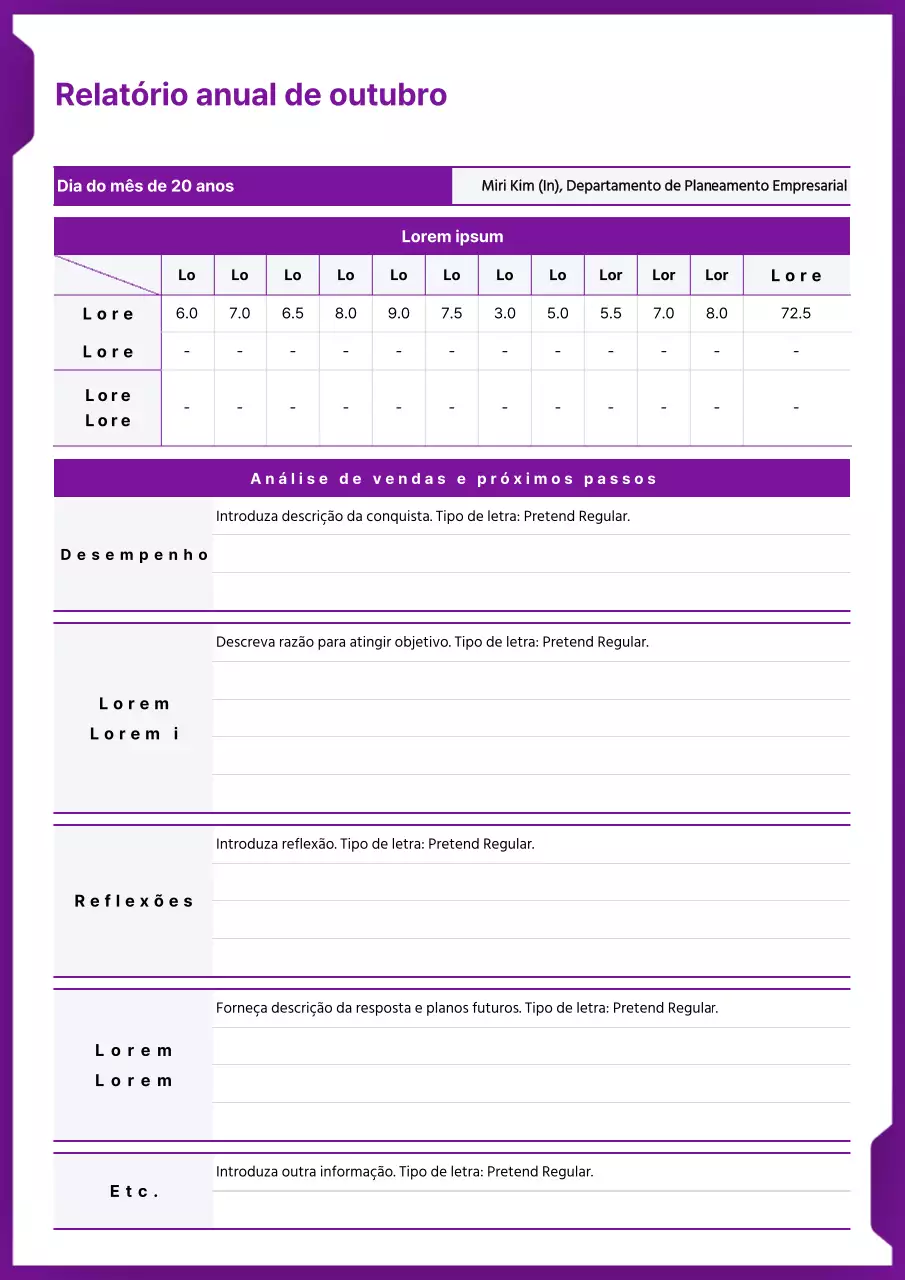 Um relatório anual simples em roxo e branco