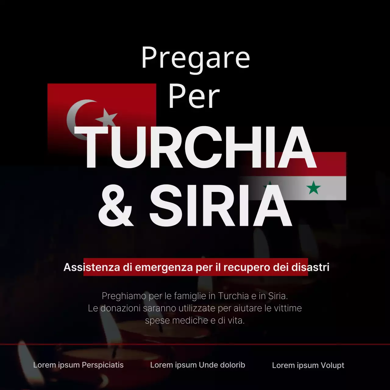 Supporto di emergenza per il recupero dei danni da calamità con l'evidenziazione delle candele e delle bandiere nazionali
