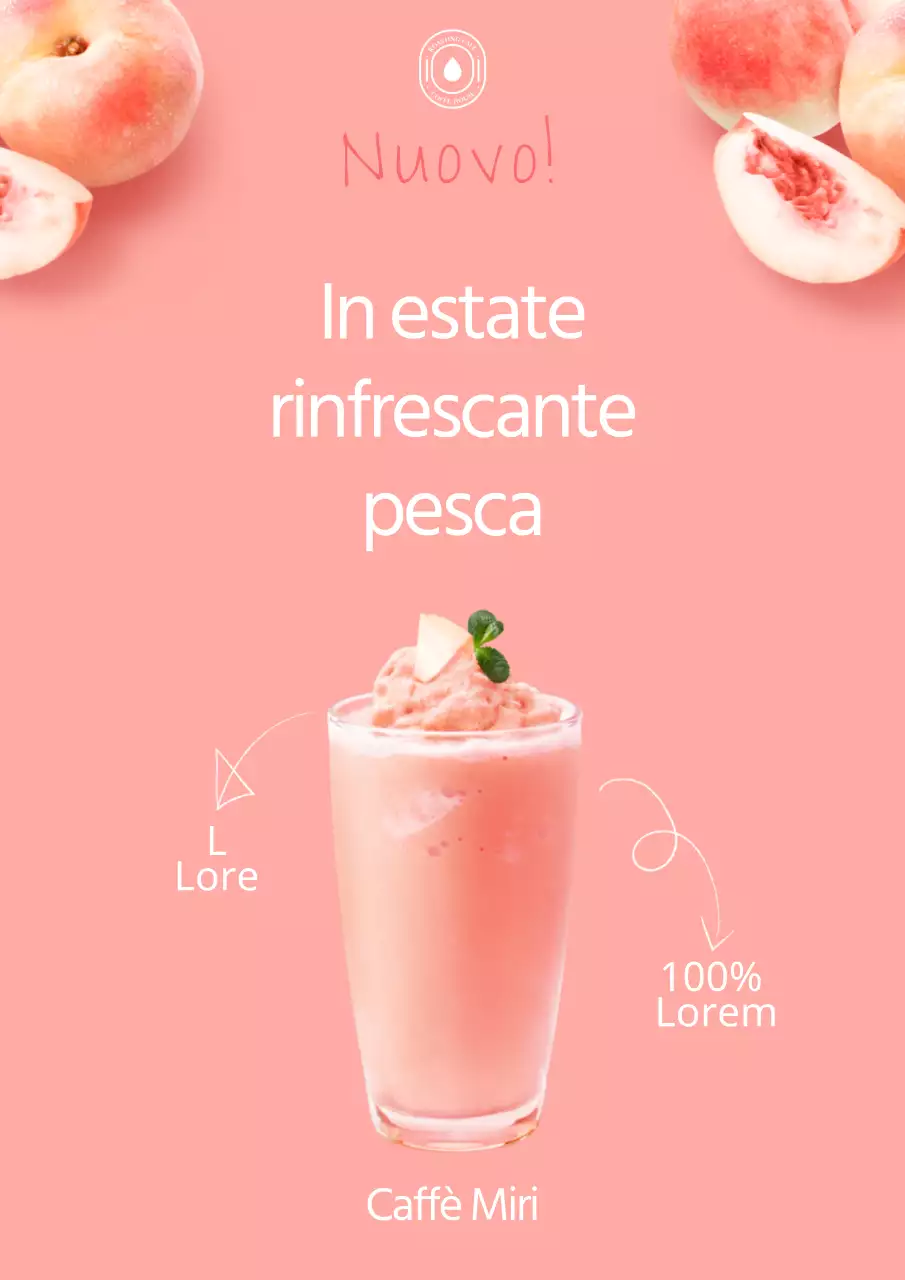 Poster di una bevanda alla pesca rosa, rinfrescante e carina