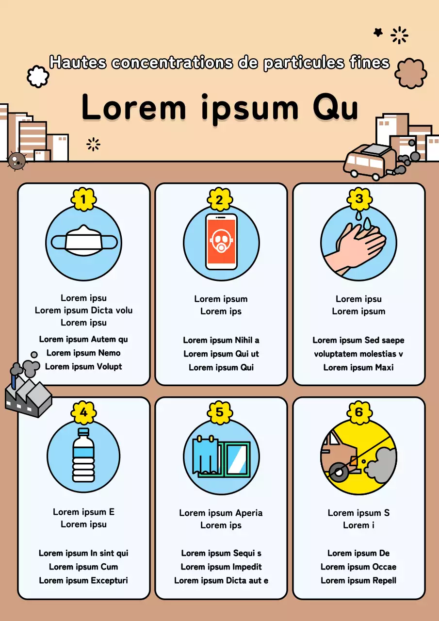Des icônes propres et beiges vous guident à travers le plan d'action pour les particules en suspension.