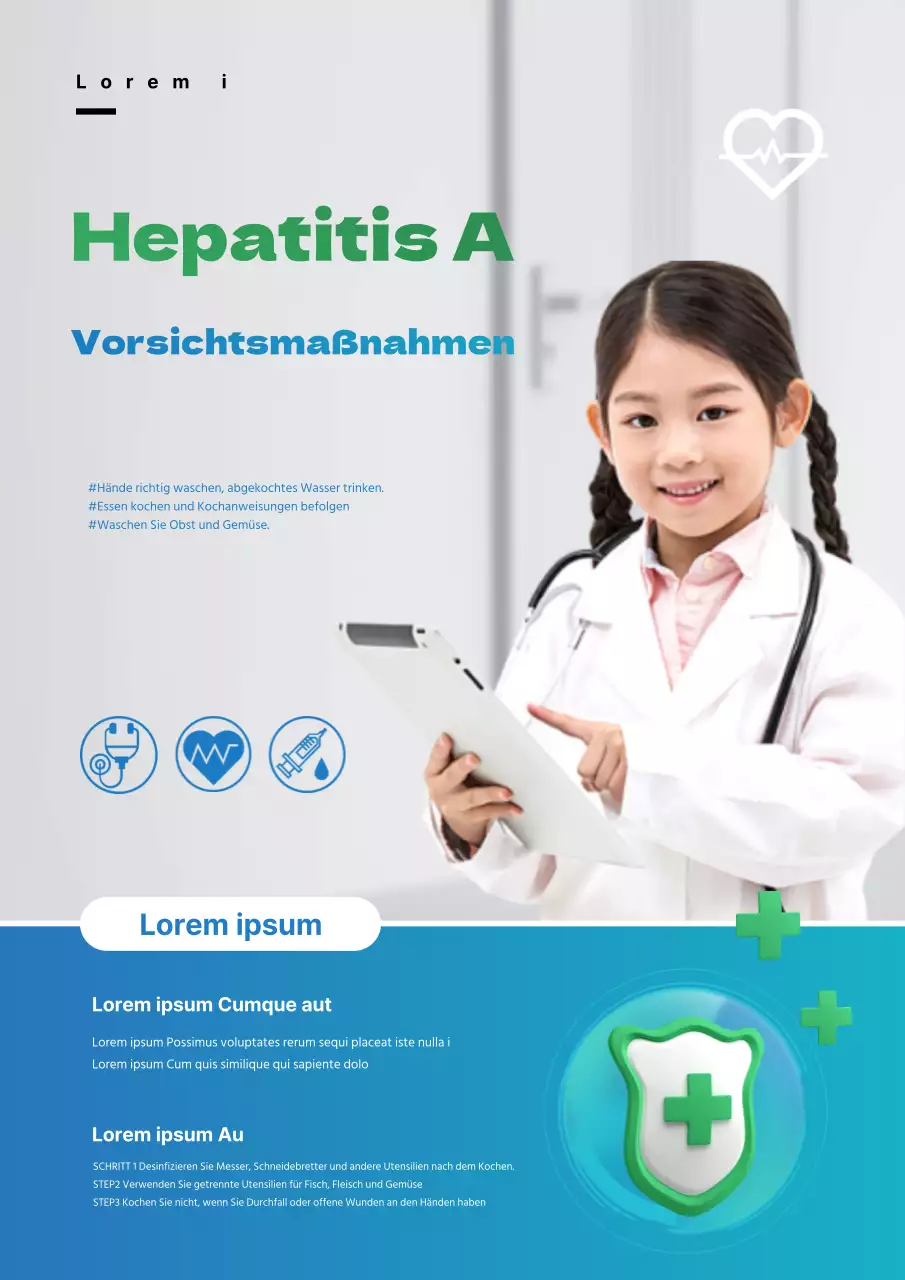 Ein schlichter, hellblauer und grauer Hepatitis-A-Präventionskampagnenflyer für eine stilvolle Kampagne.