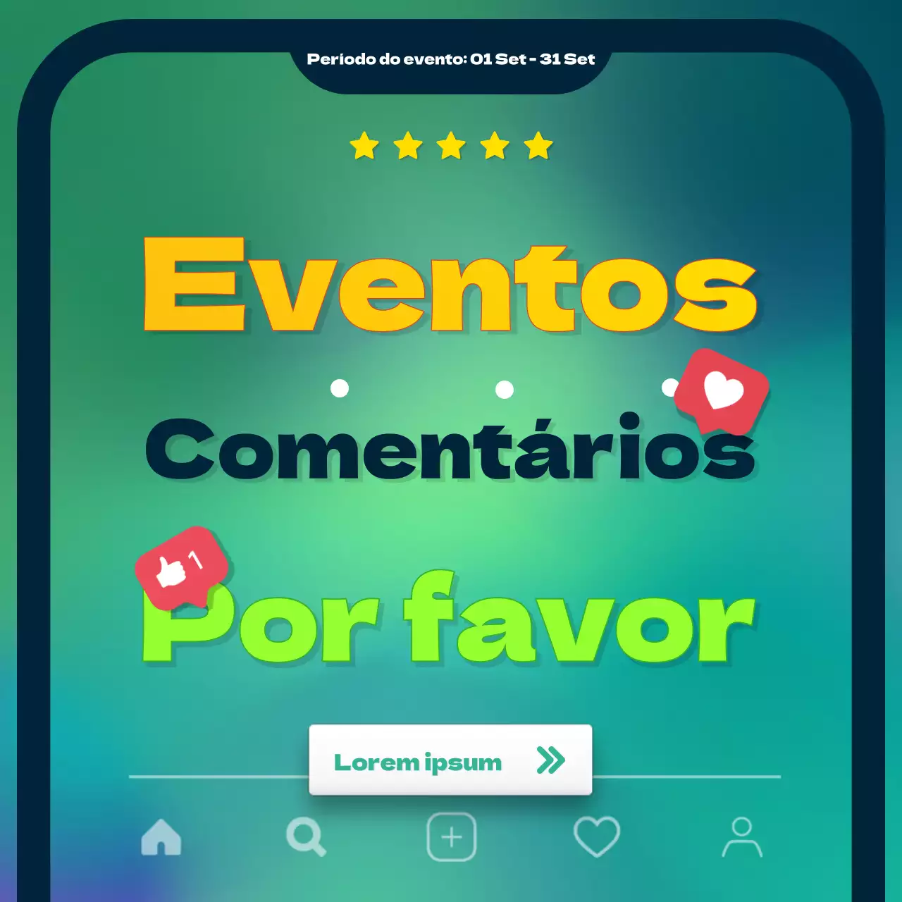 Rever os quadrados das redes sociais de promoção de eventos com um novo esquema de cores verde e amarelo, com destaque para os títulos