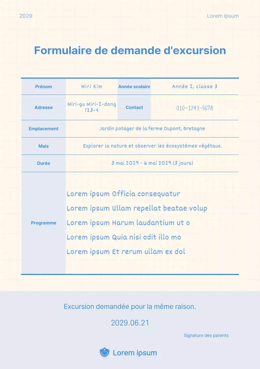 Formulaire de demande à carreaux bleus et jaunes