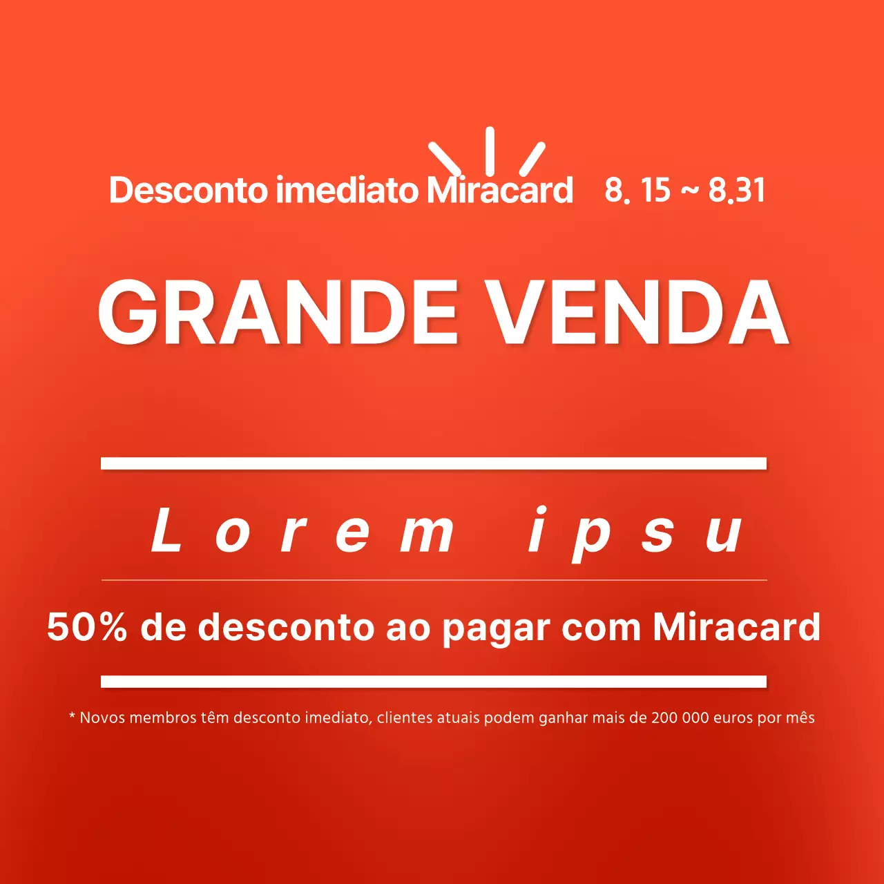 Cartão simples de grande venda nas redes sociais quadrado com tipografia laranja