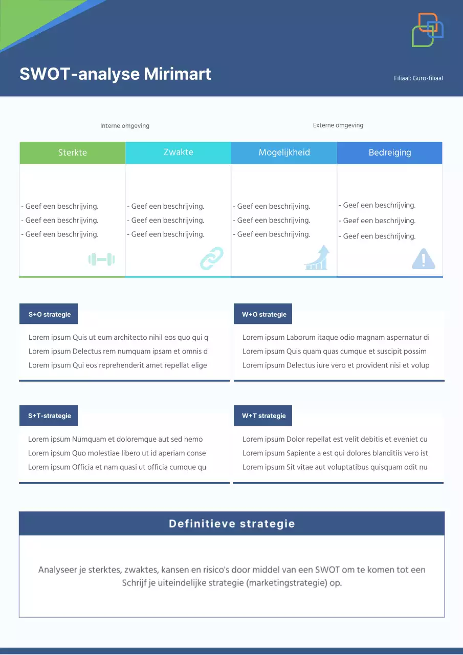 Eenvoudige SWOT-analyse documentsjabloon in marineblauw en grijs