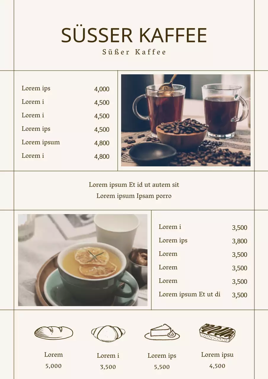 Stilvolles Café-Menü mit Fotos