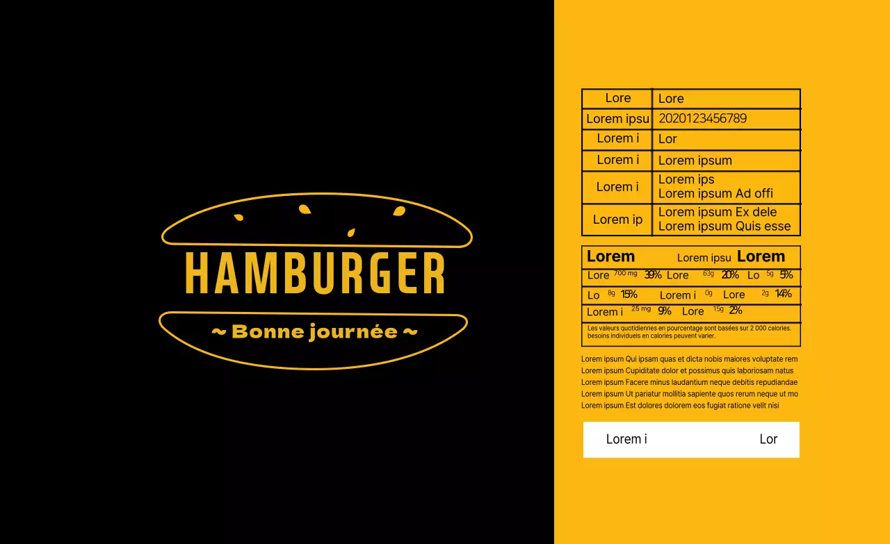 Illustration jaune et noire d'étiquettes alimentaires pour hamburgers
