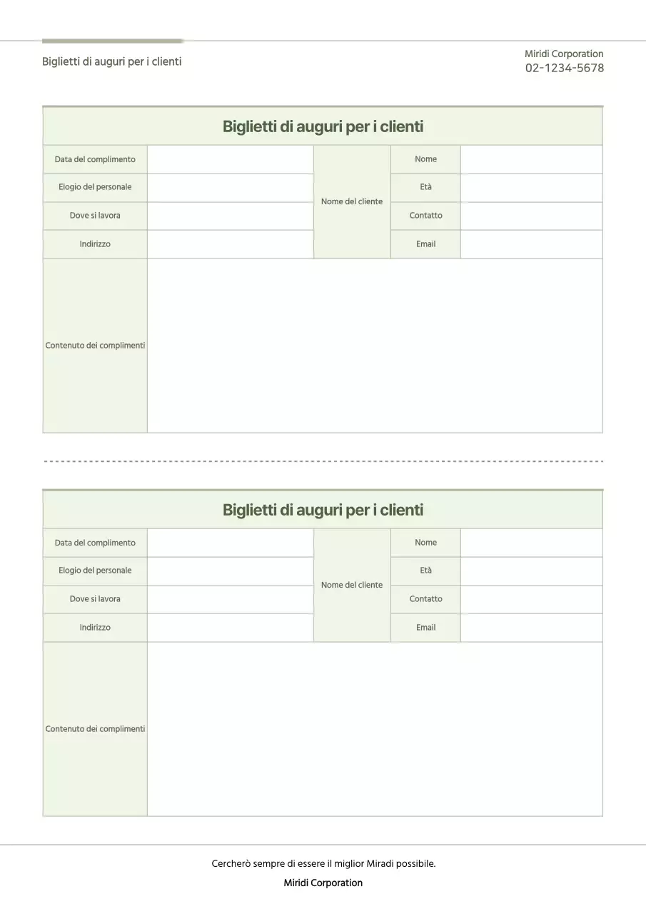 Un semplice modello di scheda verde per i complimenti ai clienti