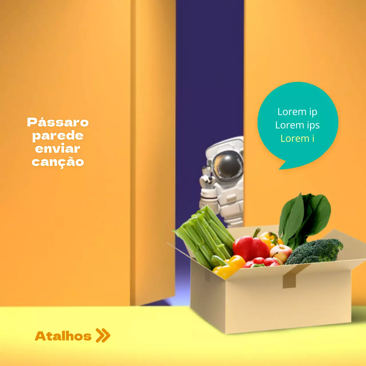 Homem do espaço gráfico estereoscópico 3D com aviso de entrega ao amanhecer e fundo cor de laranja