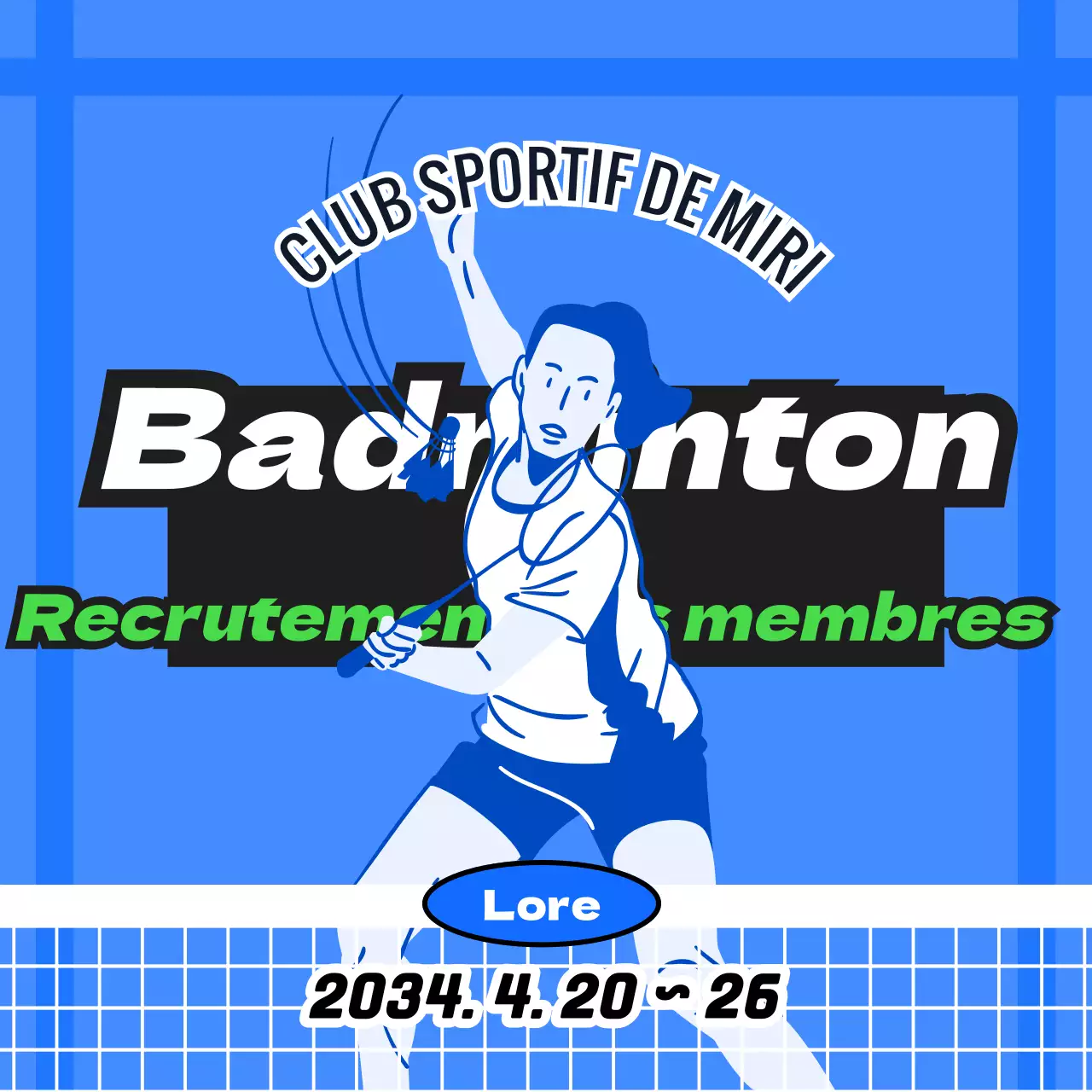 Recrutement de membres pour un club de sport avec un concept de terrain de badminton bleu
