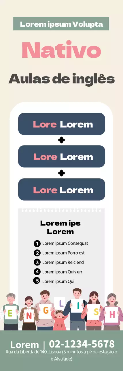 Ilustração a bege de uma promoção de uma escola de inglês