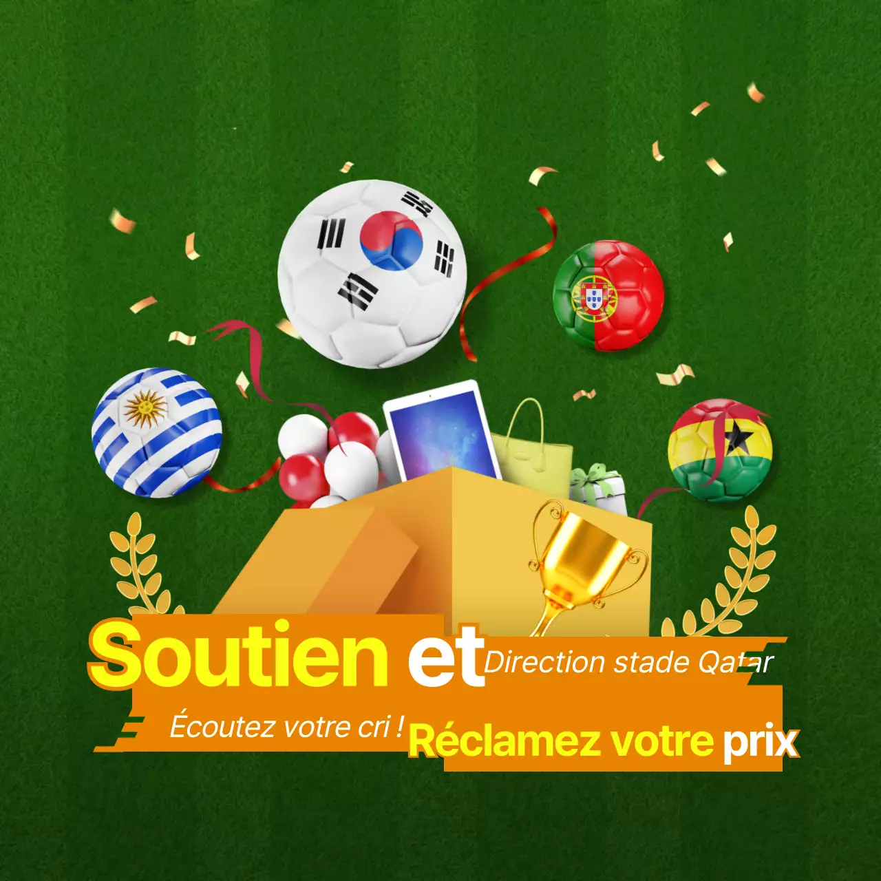Thème de l'événement de la Coupe du monde avec des illustrations de prix en 3D vertes et jaunes et des ballons de football qui rebondissent