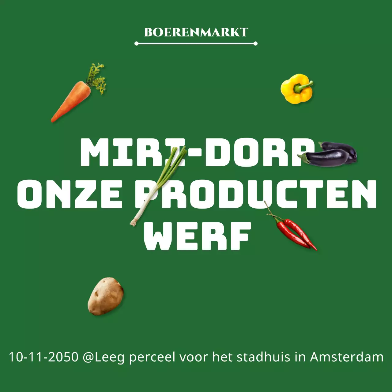 Een gids voor de boerenmarkt in het midden van de binnenplaats met een eenvoudige, groengetinte afbeelding van producten
