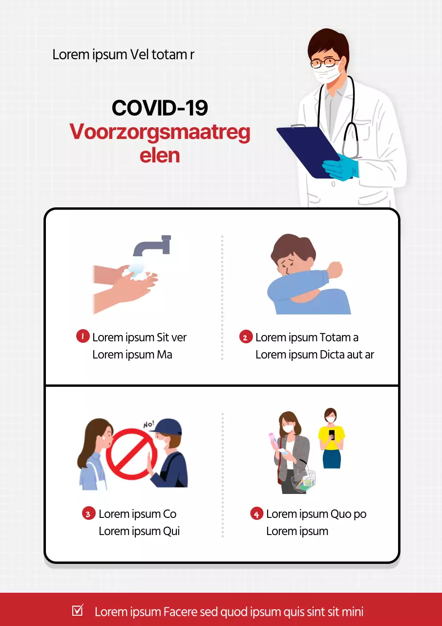 Een duidelijke, rode en witte gids voor COVID-19 voorzorgsmaatregelen