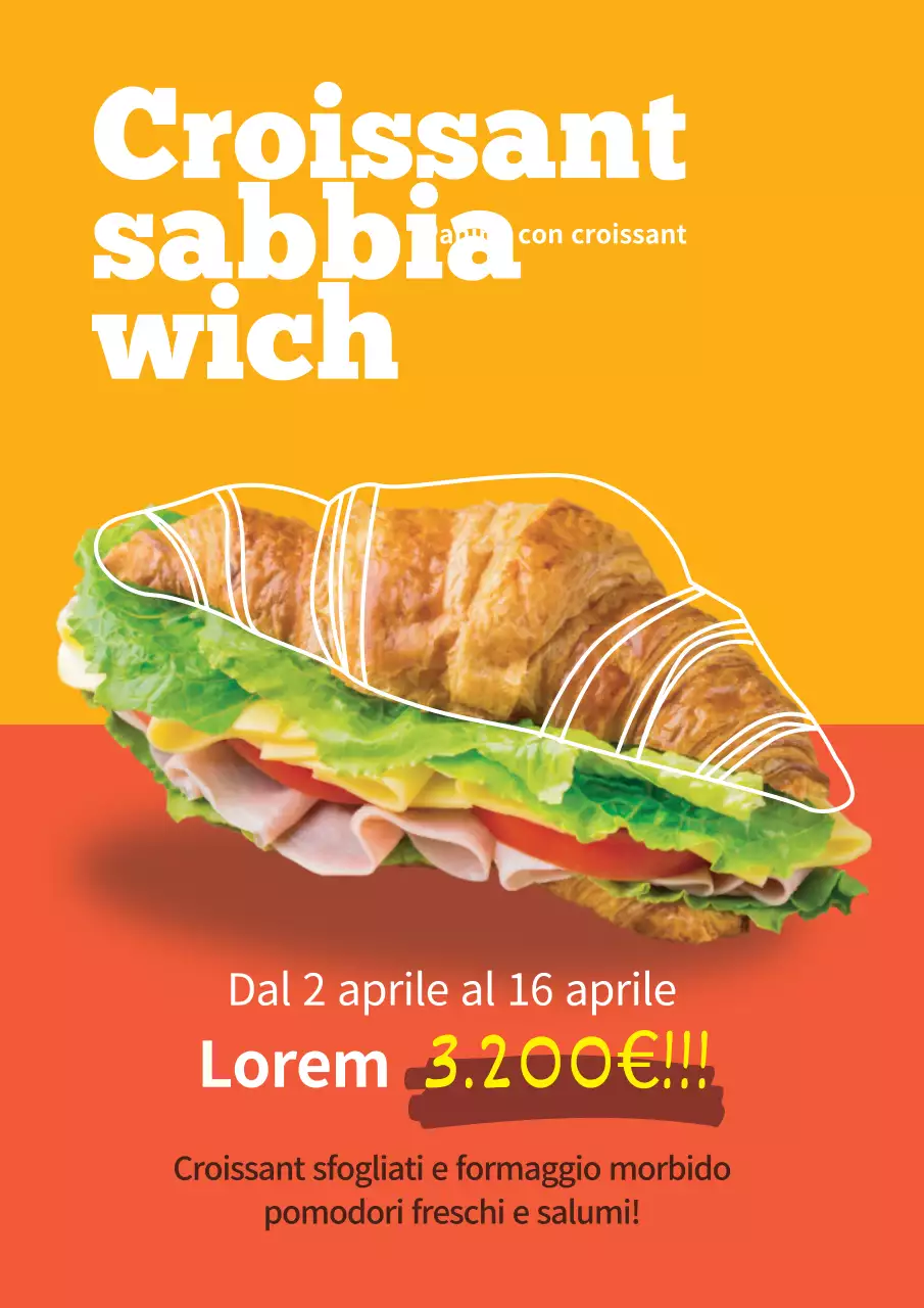 Volantino del menu di sconto del panino semplice al croissant in arancione