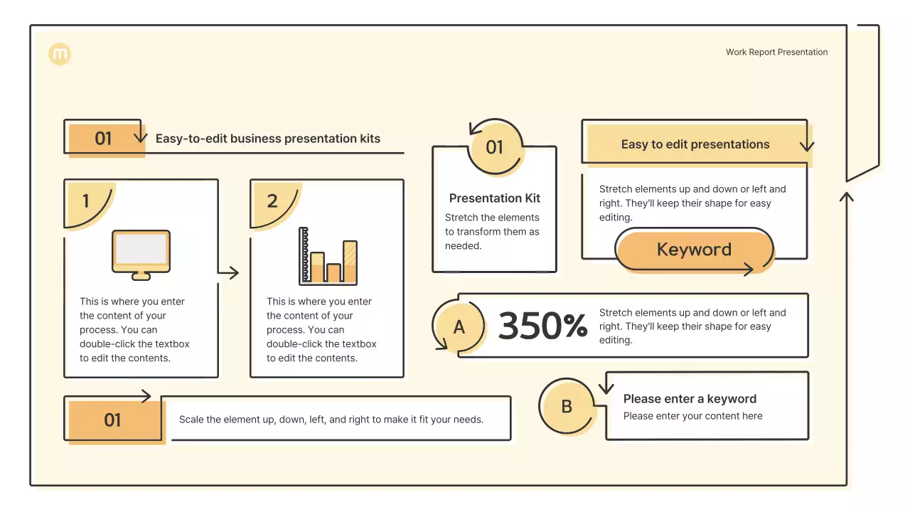Point shapes with light yellow arrows business presentation kit
