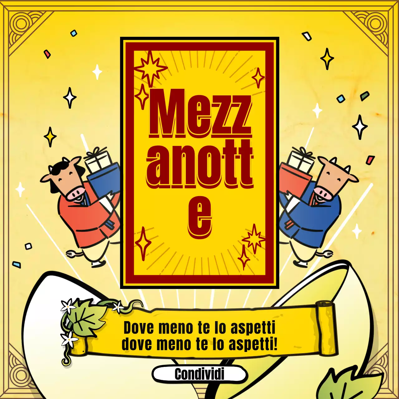 Cartomanzia di Capodanno con l'illustrazione del personaggio tradizionale della mucca gialla