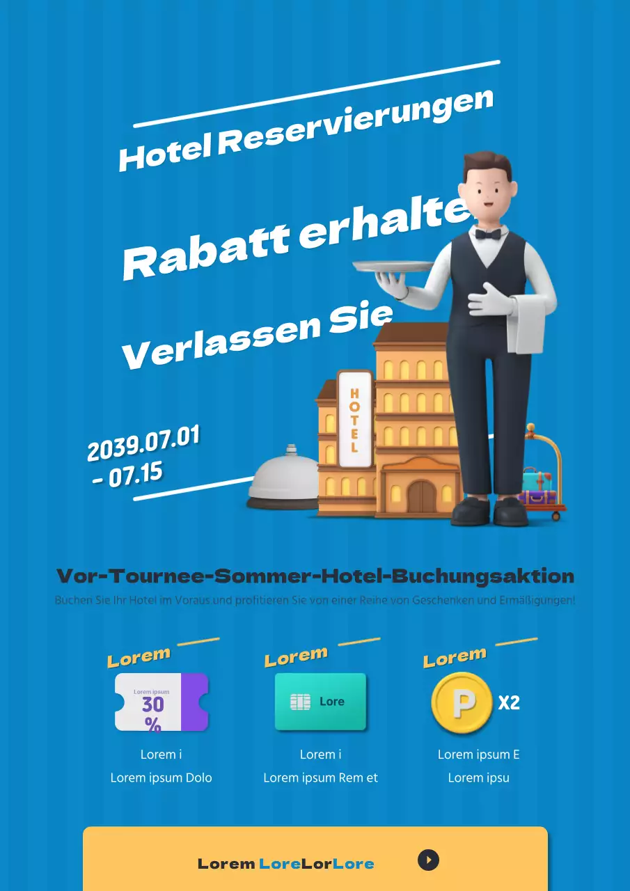 Werben Sie mit einer blauen 3D-Figur für eine Hotelbuchungsveranstaltung im Reisebüro