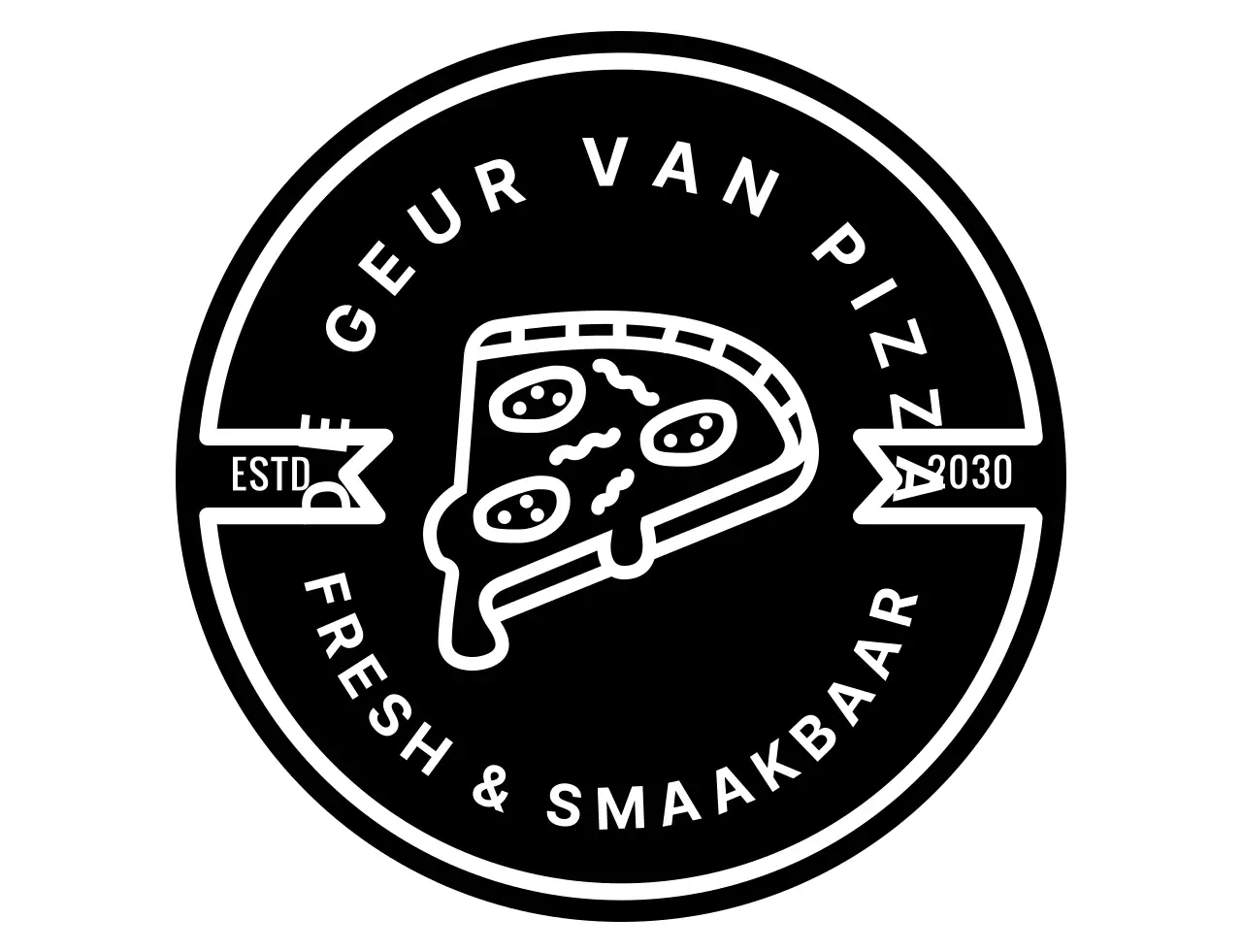 Symbolische logo-pizza met zwarte, strakke vintage badge