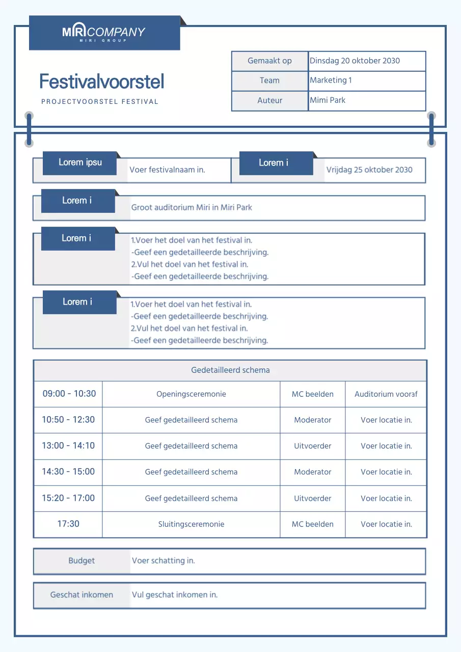 Een festivalplanner met een blauw kadergevoel