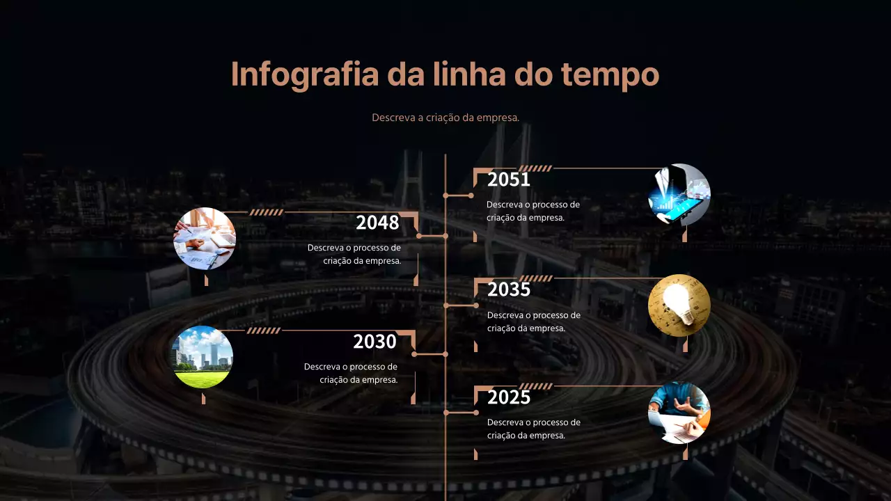 Infografia de linha cronológica simples num formato empresarial a castanho e preto