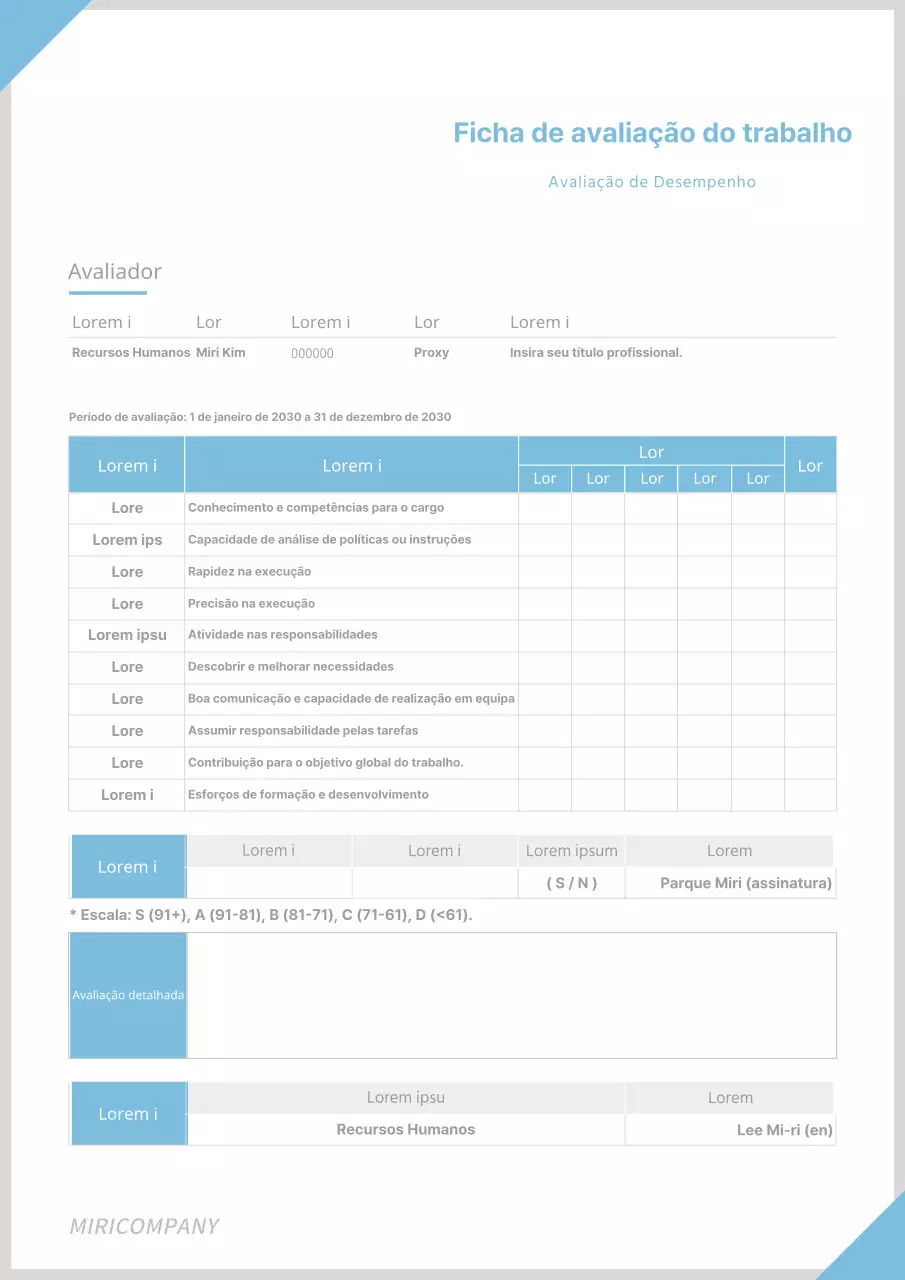 Modelo simples de empresa azul claro modelo de documento de avaliação de desempenho